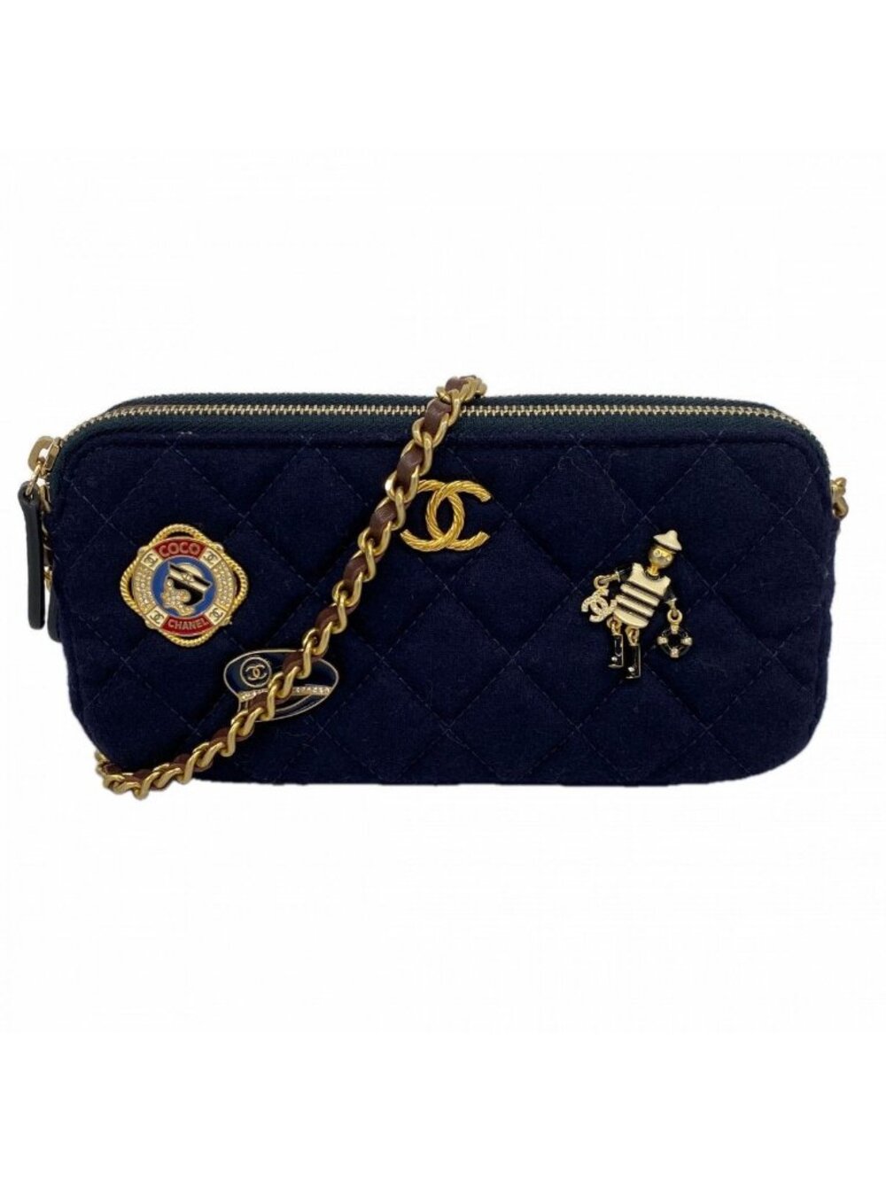 Chanel Shoulder Bag Marine Cotton Navy Gold